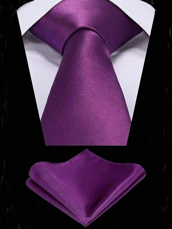1 set d'homme Cravate et pochette assortie couleur unie 8 cm, Cravate en satin et mouchoir de costume, Cravate d'