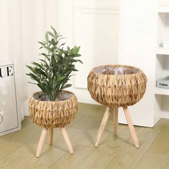 1pc Nordic Style Custom Living Room Flower Basket Decor, Woven Flower Pot Planter Holder Wooden Floor Standing Plant Stand, Balcony