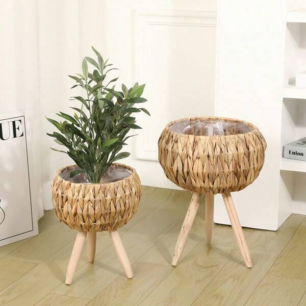 1pc Nordic Style Customized Living Room Woven Flower Basket Decoration, Wooden Floorstanding Balcony Flower Shelf, Rattan Pot Plant Basket Ornament