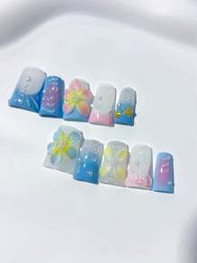 10 peças de unhas de verão estilo bico de pato azul praia oceano unhas francesas feitas à mão, com frangipani rosa, estrela do mar, concha, decoração de pérolas, frangipani azul, glitter prateado; suprimentos para unhas, unhas caseiras, unhas postiças de acrílico faça você mesmo; adequadas para feriados, festas, uso diário; inclui 1 folha de cola gelatinosa e 1 mini lixa