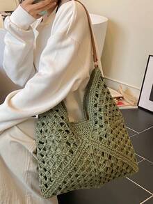Dedoo 春夏时尚大容量度假风镂空草编手提包，波西米亚风编织单肩包，休闲复古浪漫风三色交织斜纹几何图案，视觉层次丰富，明亮柔和，适合旅行、海滩、夏季郊游、购物、送礼。 - 綠色 - 查看 7