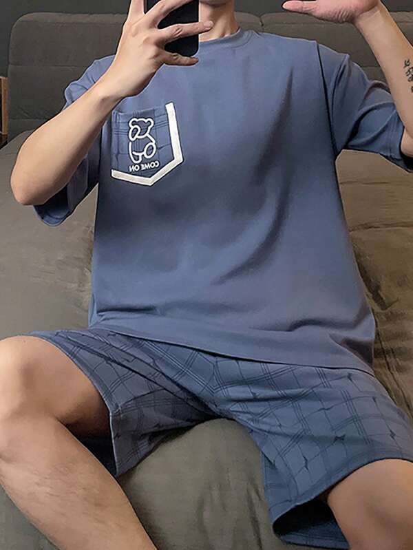 Conjunto de pijama de hombre de manga corta y pantalón corto, estampado de cuadros con oso de dibujos animados, suave y cómodo, de piel amigable, se puede usar fuera de casa - Piezas de pijama
