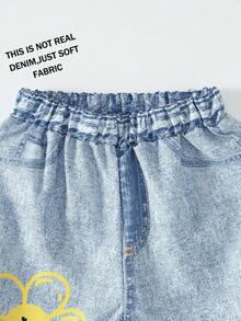 Tween 女童休闲卡通牛仔印花直筒裤，春夏