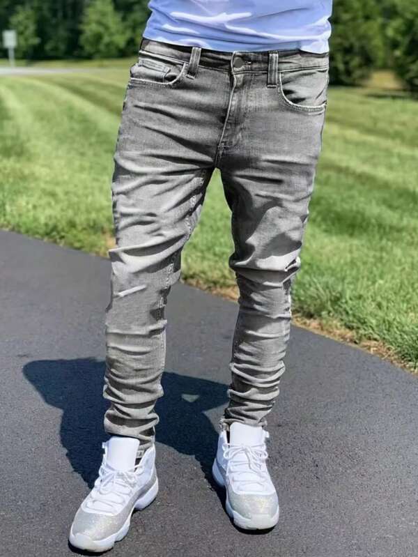 1pc Men Gray Stretchy Slim-Fit Distressed Versatile Denim Jeans, Comfortable Casual Outdoor Utility Skinny Jeans, Suitable As Gift For Husband/Boyfriend For Daily Wear