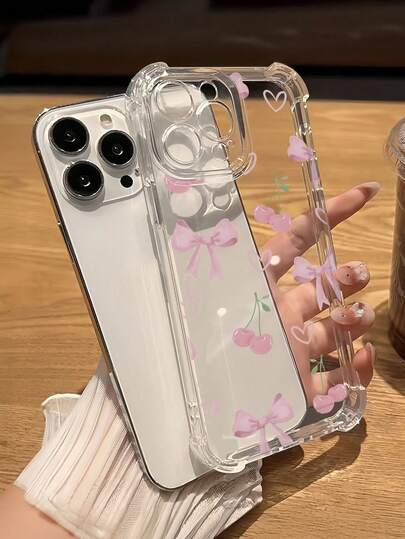 少女粉樱桃蝴蝶结防震防滑透明手机壳，兼容 16 Pro Max、11/12/13/14 Plus/16E、XR/7/8 Plus/15 Pro Max/16，以及 17/17 Pro/17 Pro Max/17 Air
