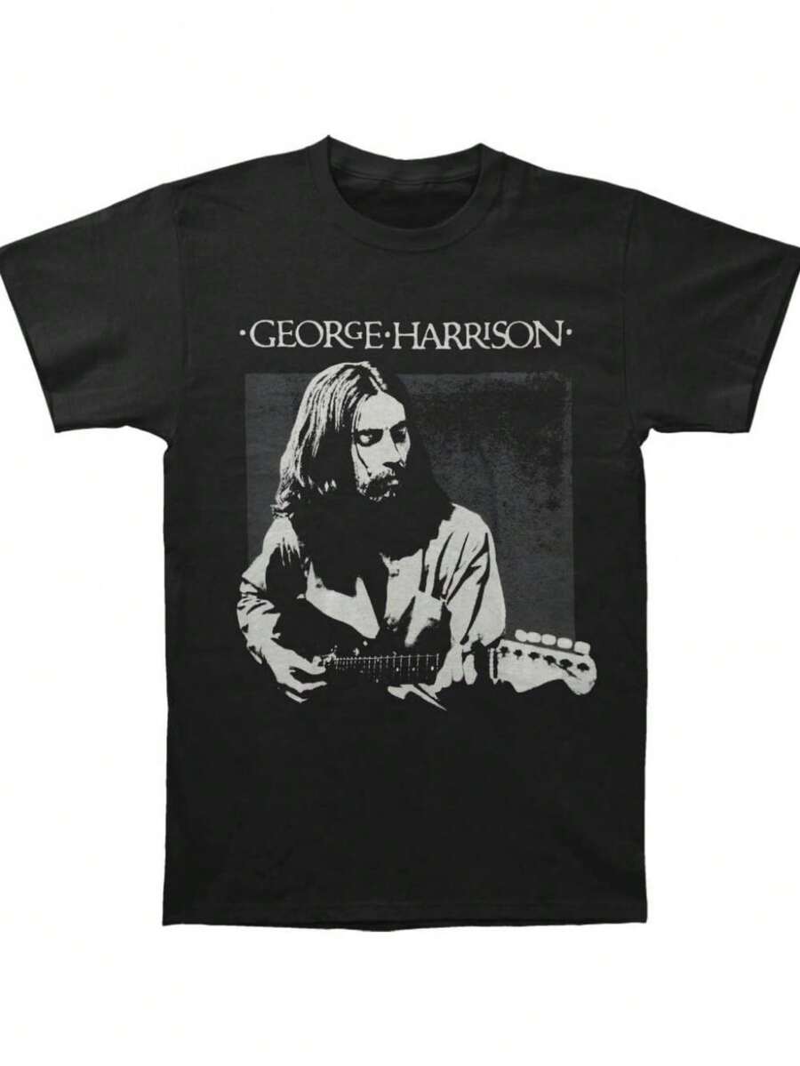 Men's And Women's Black T-Shirt Pattern T-Shirt Using Direct Injection Printing Technology, Effectively Reproduces The Image Of George Harrison With Long Hair And Beard Holding A Guitar. This T-Shirt Is Made Of 100% Pure Cotton, Featuring A Round Neck Casual Design With A Comfortable Oversized Fit. It's Machine Washable And Suitable For All Seasons. It's An Ideal Top For Outdoor Sports And Also Makes A Great Band T-Shirt For Those Who Love Classic Rock Style - 黑色 - 查看 1