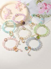 Set de 5 pulseras de aleación de zinc con cuentas de vidrio agrietado, cuentas de vidrio de colores decoradas con pequeños colgantes de margaritas, diseño elegante, gran regalo para mejores amigas, accesorios para volver al colegio