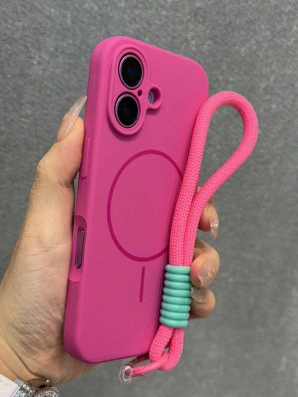 1 pieza Funda magnética minimalista de silicona líquida mate con cordón corto para 16, 15, 14, 13, 12 Pro Max Plus, carga inalámbrica, funda trasera suave de silicona