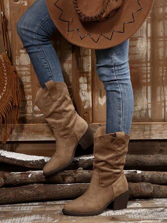Retro Damen Plissee Schlüpf-Halbschaft Stiefel, Western-Cowgirl Kurzstiefel
