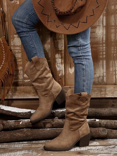 Fall/Winter Retro Women's Pleated Slip-On Mid-Calf Boots, Western Cowgirl Short Booties