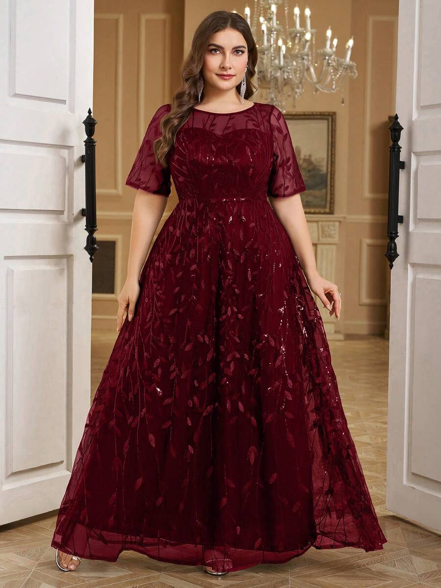 UNITHORSE Plus Size Chic Crew Neck Sequin Embroidery Patchwork Flared Dress, Black Elegant Formal Evening Gown, For Wedding Guest, Graduation, Dinner Party Dress, Bride Dress, Birthday Women Outfits Dress - 酒紅色 - 查看 1