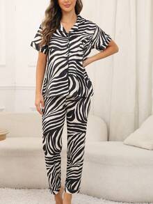 女士夏季睡衣套装，短袖上衣和短裤，斑马纹，休闲舒适 - 黑與白 - 查看 5