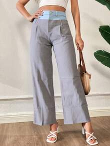Pantalones de rayas versátiles para mujer, color liso, informales, elegantes, con cremallera y botón. - Gris - Ver 3