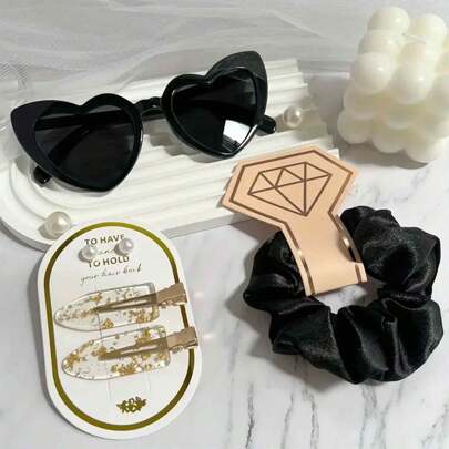 6pcs/Set Wedding Season Bridesmaid Proposal Gift Multi-Color Versatile Solid Color Rhinestone Hair Scrunchies, Heart Glasses, 1 Pair Pearl Earrings, 1 Pair Gold Foil Hair Clips With Card Paper, Perfectly Matched Headpiece Set