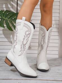 新款女士刺绣白色皮革西部靴，尖头粗跟过膝长靴，户外休闲时尚靴 - 白色 - 查看 2