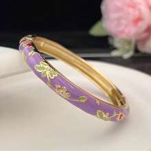 1 pieza Nuevo brazalete estilo bohemio de esmalte cloisonné con flores doradas, joya adecuada para mujeres y niñas - Pulsera cloisonné esmaltada con estampado floral - Ver 7