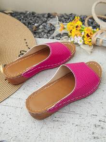 女士时尚简约坡跟鱼鳞纹舒适轻便休闲凉鞋，适合海滩、度假和夏季日常穿着，洋红色随机 - 玫紅色 - 查看 8