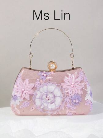 1件优雅花卉铆钉装饰粉色晚装手提包，亮片刺绣花卉手拿包，适合派对、婚礼、游轮、约会、度假（图案随机）。夏季包包、沙滩包、节日、度假，情人节送给她的礼物。
