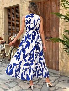 Elegante Vestido Largo Sin Mangas Para Mujer,Vestido Tank Con Cuello en V Y Estampado De Plantas En Blanco Y Negro, Dobladillo Con Volantes - Azul y blanco - Ver 2