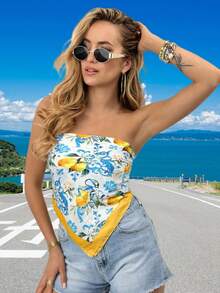 1条女士黄色柠檬印花70厘米小方巾，休闲日常佩戴发带/头巾，防晒连衣裙 - 黃色檸檬 - 查看 2