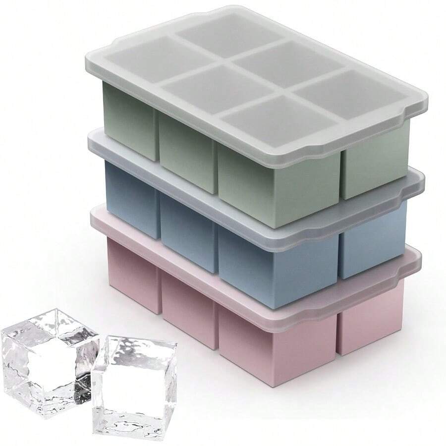 3 paquetes de moldes de cubos de hielo grandes con tapa apilable - Molde de cubos de hielo de silicona para el congelador, cubos de hielo grandes cuadrados para whisky, cócteles, bourbon y sopas, color neutro