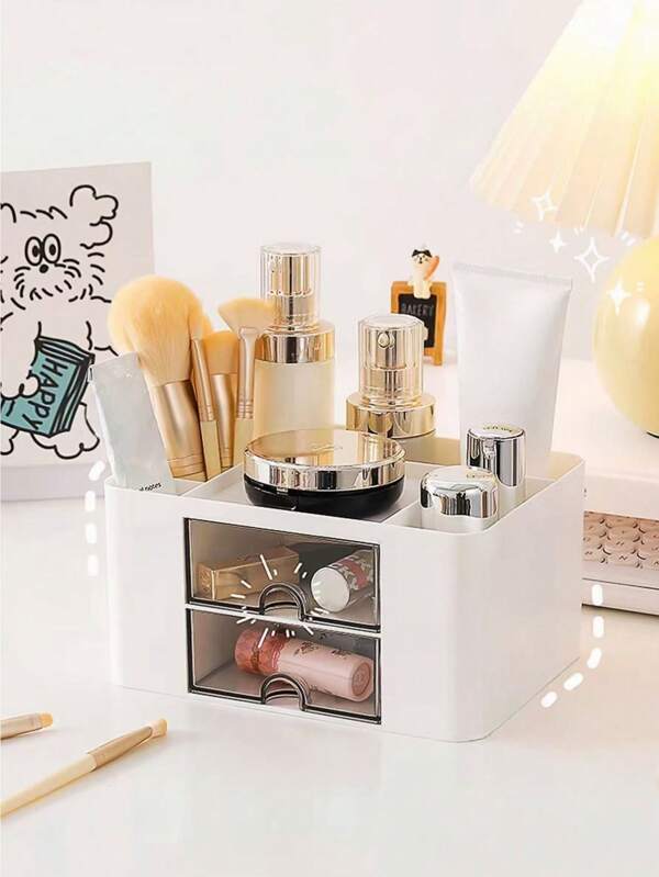 Expandable White Plastic Cosmetic Storage Box With 2 Drawers - Countertop Storage For Cosmetics, Jewelry And Office Supplies - Ideal For Desk Or Bathroom Organization, Cosmetic Storage | Fashion Storage Box | Smooth Surface, Cosmetic Storage Box