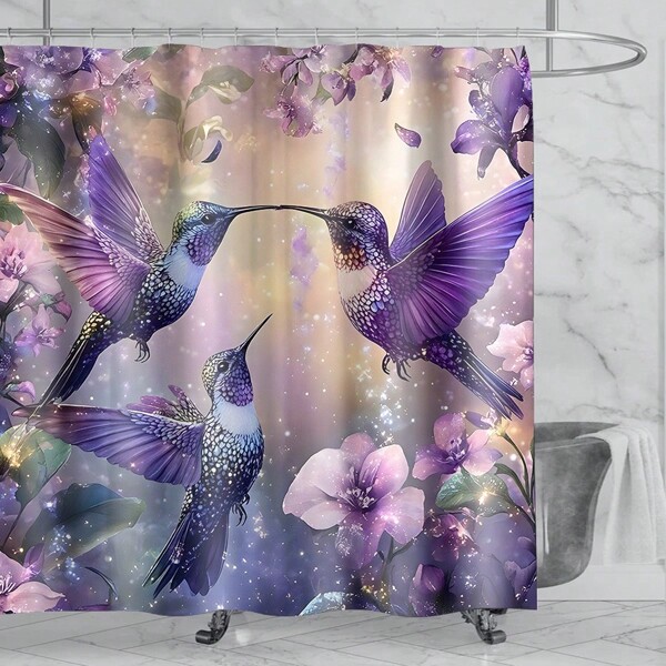 1pc Purple Hummingbird Pattern Shower Curtain High Quality Shower Curtain With 12 Plastic Hooks, Bathroom Anti-Slip Mat, Toilet U-Shaped Cushion, Cover Cushion Modern Home Decoration Bathroom Accessories Back To School