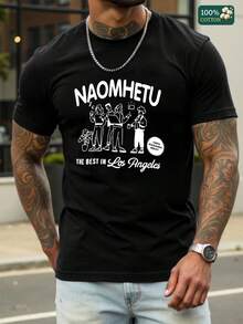 100% Cotton Unisex Round Neck Short - Sleeve T - Shirt With "Naomhetu - The Best In Los Angeles" Graphic - Summer Men's  Pick - Black - View 1