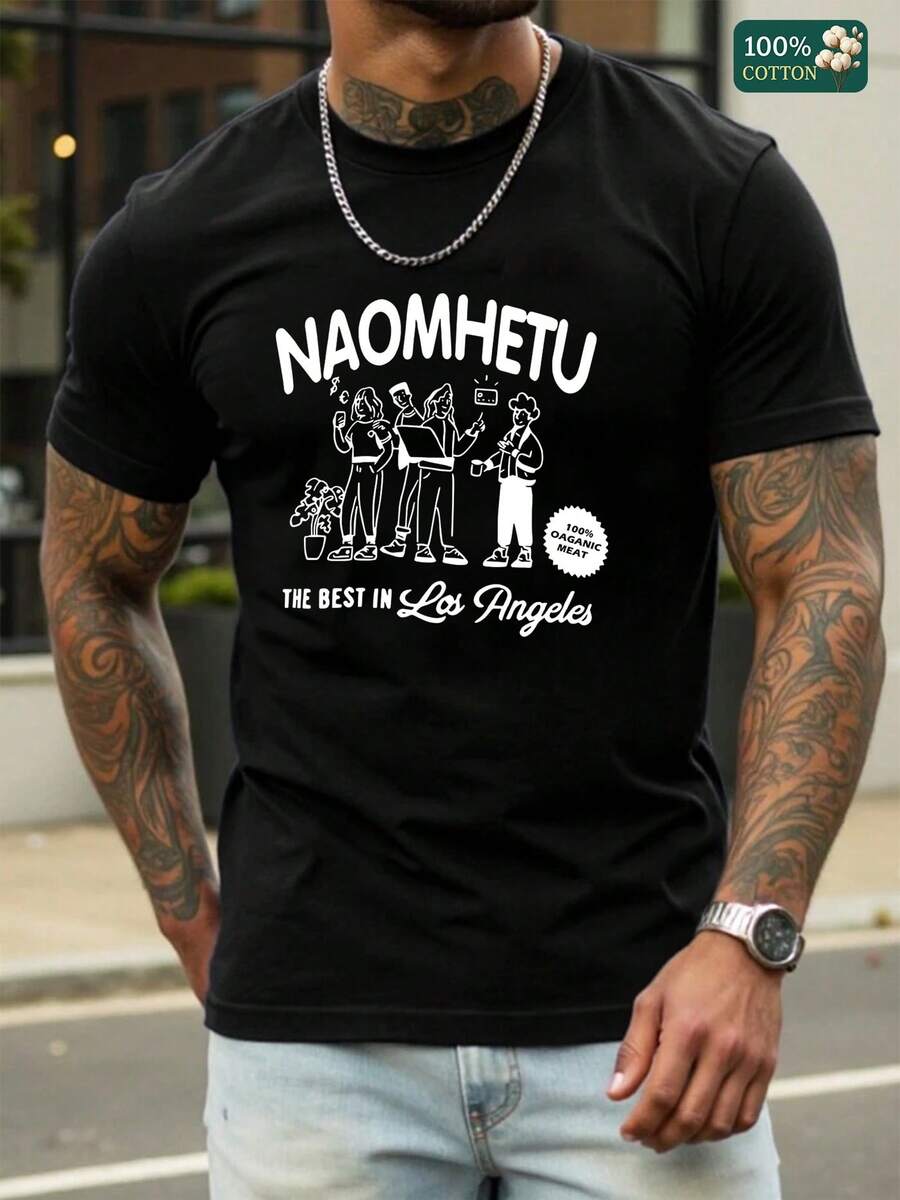 100% Cotton Unisex Round Neck Short - Sleeve T - Shirt With "Naomhetu - The Best In Los Angeles" Graphic - Summer Men's  Pick - Black - View 1