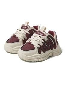 1 Pair Burgundy Sports Shoes, Fashionable, Comfortable, Anti-Slip, Durable Soft Outsole, Suitable For Running, With Seamless Lining Design, Hook And Loop Closure For Easy Wearing, Suitable For Daily Wear