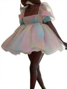 Women's Puff Sleeve Tulle Princess Dress Off Shoulder Square Collar Mini Dress Puffy Mesh Party Prom Evening Dress - Đỏ và trắng - Xem 6