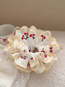 1 件缎面发圈，带刺绣樱桃图案，女孩发饰马尾辫夹，不伤发带，大号