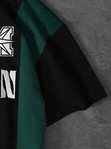 Casual Letter Print Striped Polo Shirt, Pullover Short Sleeve Men's Top, Collegiate Inspired, Suitable For Summer - Dark Green - View 3