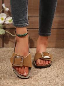 New Fashion White Slip-On Flat Mule Slides For Women,Spring Summer Outfits - Brown - View 5