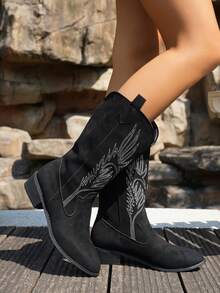 Fall/Winter 2025 Women's New Vintage American Style Embroidered Leather Pointed Toe Western Boots Faux Suede Fabric High-Top Cool Fashion Boots High Heel Contrast Color Chunky Heel Riding Boots Fashionable Punk Style Chelsea Boots,Cowboy Boots - Black - View 3