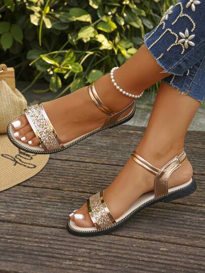 1 Pair Summer Slip-On Fashion Open Toe Comfortable Casual Versatile Glossy Flat Sandals For Teenagers