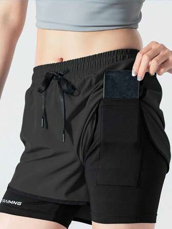 Damsportshorts, snabbtorkande träningsshorts med fastsydda undershorts, lämpliga för badminton, cykling, träning, löpning, fitness och andra utomhussporter