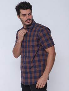 Rand paul Men's Casual Slim Fit Short Sleeve Plaid Shirt Slim Fit Modern And Versatile Style - 棕色 - 查看 7