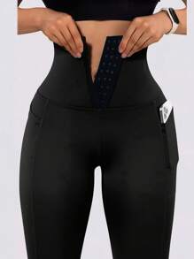 1pc Women High Waist Elastic Sports Yoga Pants, Pocket Button Decor, Solid Color Skinny Cropped Tights, Black, Suitable For Outdoor, Cycling, Running, Tennis