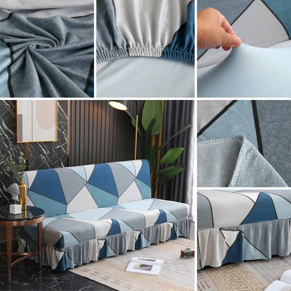 1pc Geometric Pattern Skirt Style Sofa Bed Cover, Simple Style Without Armrests, Polyester Fiber Sofa Cover, Suitable For All Seasons