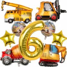 Set de 6 Globos con Temática de Ingeniería, Incluyendo Globos Grandes de Excavadora, Globos Redondos de Construcción, Globos Dorados en Forma de Estrella, y Globos Dorados Números del 1 al 6 de 32 Pulgadas, Adecuado para Decoración de Fiesta de Cumpleaños