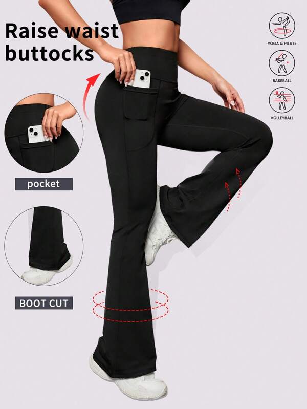 1 pieza Pantalón de yoga deportivo para mujer, diseñado con tela elástica, con bolsillos dobles portátiles, pantalón ancho acampanado para mujer, estampado de letras en la cintura - Perfecto para actividades de ocio, entrenamiento en el gimnasio, ciclismo - Mallas de mujer para primavera/verano - Ideal para un estilo de vida activo