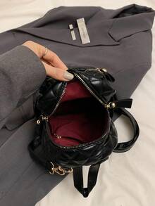 1 件 PU 面料绣花线绗缝迷你多功能休闲背包 - 黑色 - 查看 6