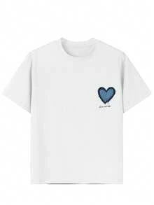 1件少女爱心印花短袖T恤，舒适时尚的夏季上衣，适合年轻学生