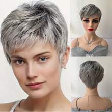 Short Layered Pixie Cut Dark Roots Gray Synthetic Hair Wigs Mom's Daily Soft And Healthy Heat-Resistant Synthetic Wig - Suitable For Daily Wear, Party Role-Playing, Halloween - 銀色 - 查看 1