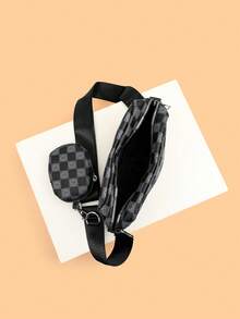 男士迷你斜挎包两件套 - 单肩包和零钱包，防水，可调节肩带，旅行必备，夏季 - 黑色 - 查看 7