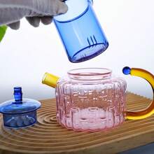 1pc Creative Color Blocking Heat-Resistant Glass Tea Separation And Filtration Small Bubble Teapot For Household Tea Brewing Glass Teapot - Pink - View 3