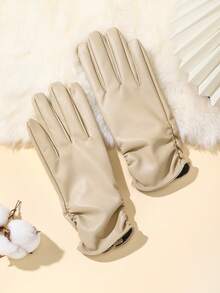 1 Pair Elegant Casual PU Leather Full Finger Touchscreen Gloves For Women, Faux Leather Warm Lining, Fashion Windproof Waterproof Outdoor Cycling Gloves