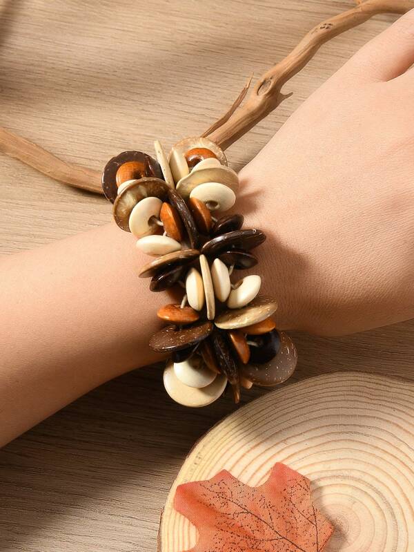 Handmade Beaded Woven Bracelet, Vintage Wooden Bead Boho Charm Bracelet For Women