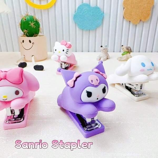 Sanrio Cute Sanrio Silicone Hello KittyKuromi Melody Jade Guigou Stapler Mini Portable Stapler, Student, Office,Send A Box Of Nails School Supplies,Back To School